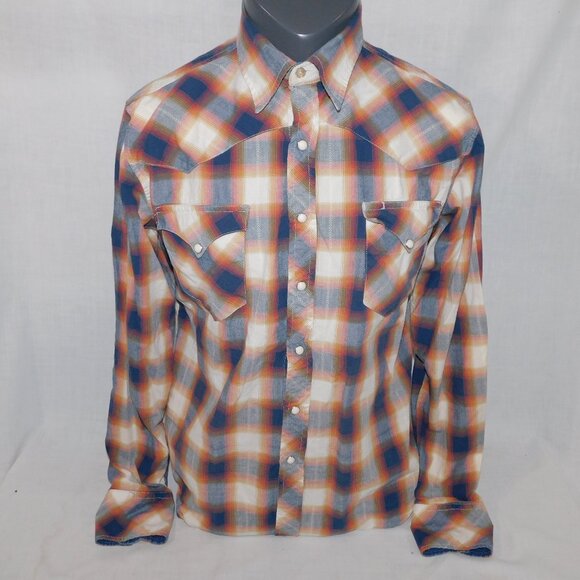 Roper Mens M Blue Cream Orange Plaid Snap Front Western Rodeo Shirt - Picture 1 of 12